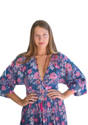 blue pink floral kimono dress closeup 1