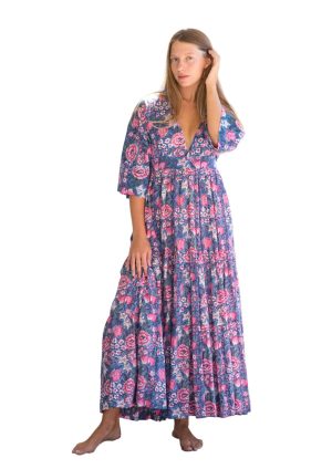 blue pink floral kimono dress front 1