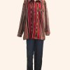 A colorful striped Jaisalmer shirt displayed on a mannequin, paired with dark pants, showcasing traditional Indian textile patterns and vibrant design elements from La Galeria Elefante.