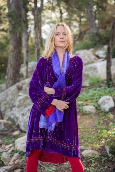 silk velvet tunic with kantha stitch