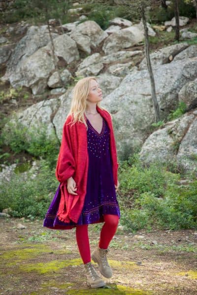 red shawl and purple tunic